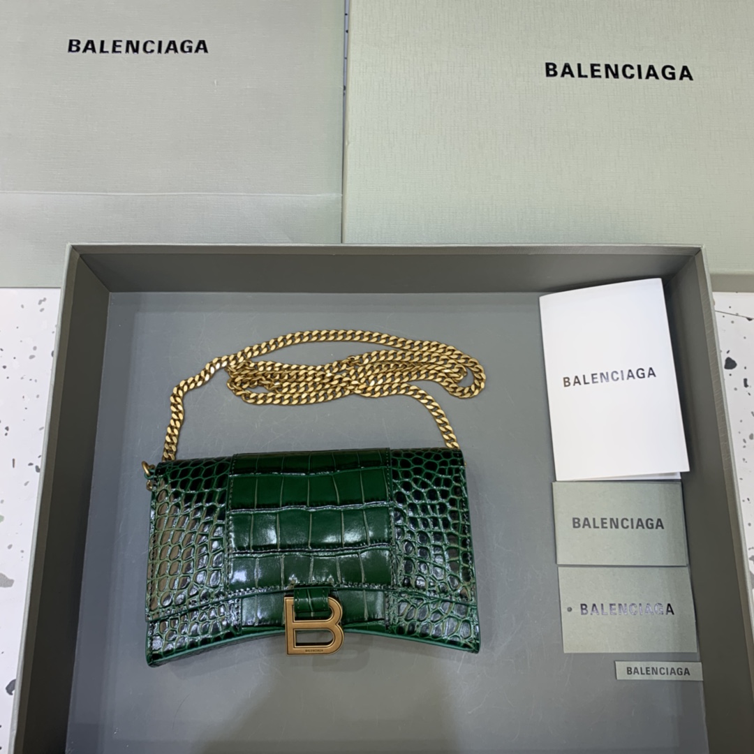 Balenciaga Small Hourglass Wallet With Chain Crocodile Embossed Shoulder Bag Dark Green